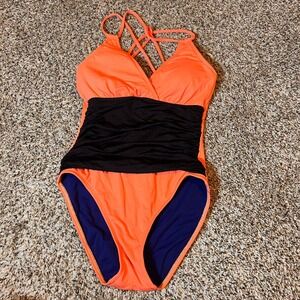 Orange One Piece Swimsuit Size 6 Black‎ Ruched Criss Cross Straps